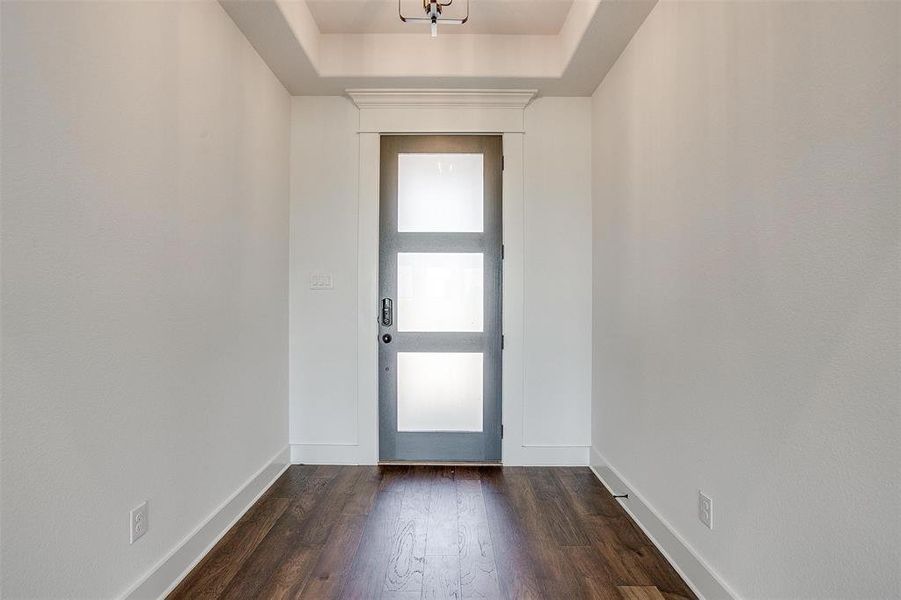 Foyer featuring wood-type flooring and a tray ceiling