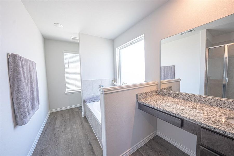 Full bathroom featuring a shower stall, a garden tub, dark wood-type flooring, and vanity