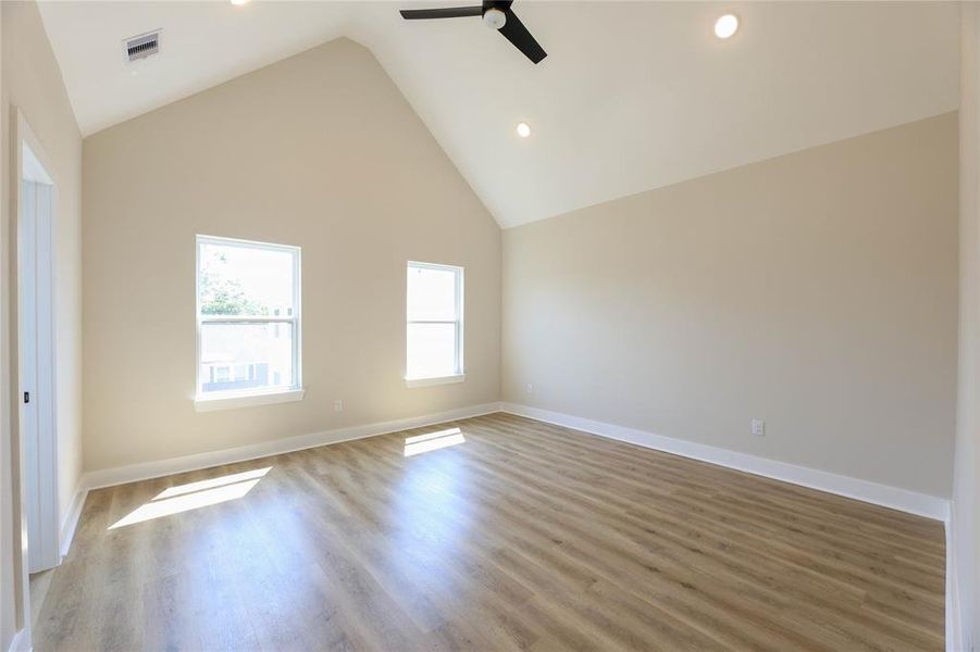 Primary Bedroom offers wood floors and arch ceilings.