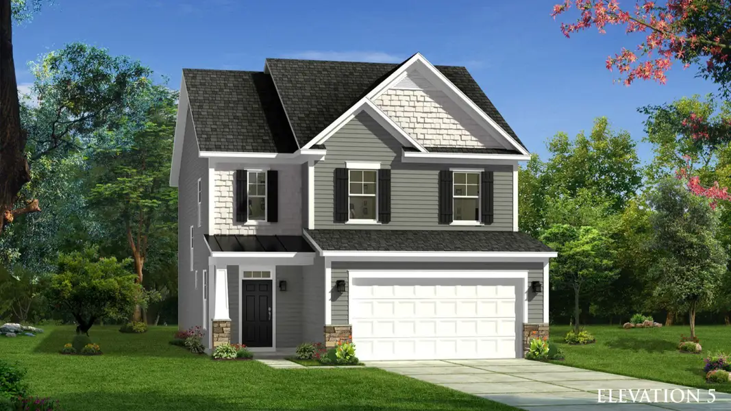 Front exterior of a new home in The Farm at Neill's Creek, Lillington, NC, highlighting curb appeal (Image 1). Front exterior of a new home in The Farm at Neill's Creek, Lillington, NC, highlighting curb appeal (Image 1).