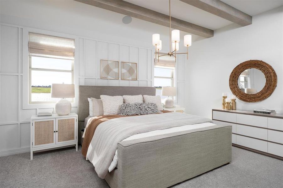 The primary bedroom is generously sized, creating a tranquil and spacious retreat that offers ample room for relaxation. Featuring plush carpet, high ceilings, fresh paint, and large windows that lets in natural lighting throughout the day.