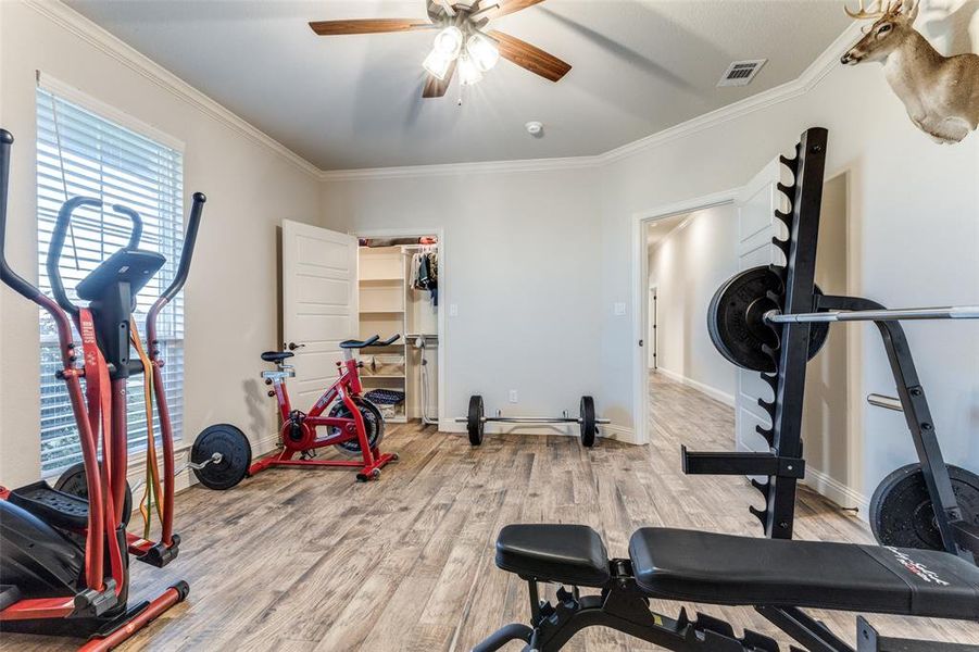 Exercise room featuring a ceiling fan, crown molding, and light wood-style flooring