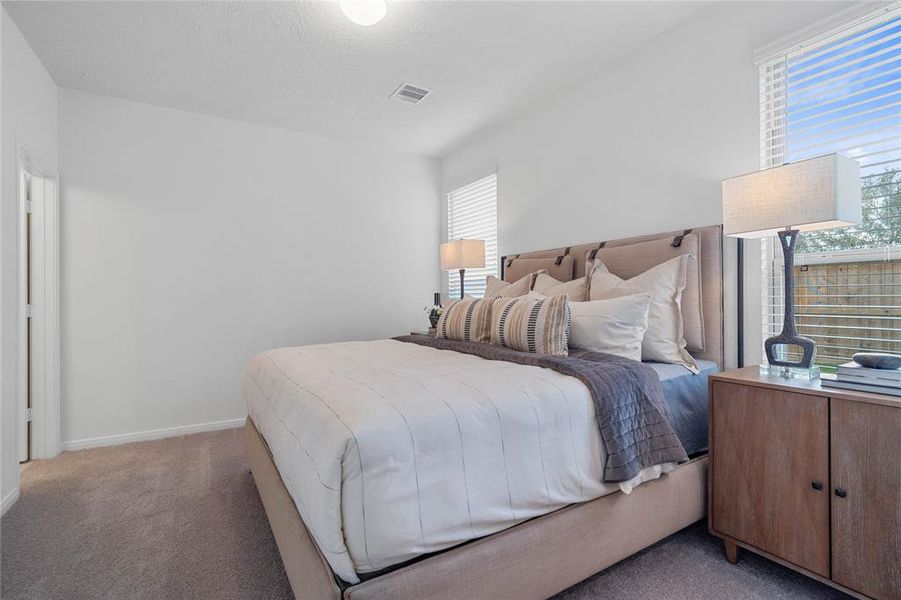 Come and unwind after a long day in this magnificent primary suite! This spacious room features plush carpet, warm paint, high ceilings, and large windows with privacy blinds.