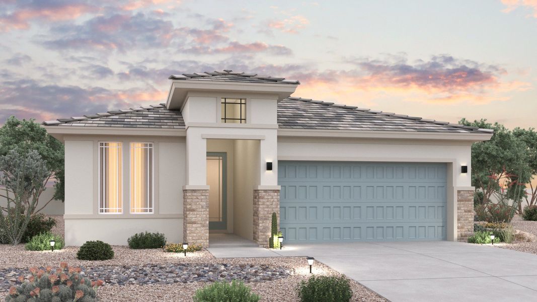 Representative exterior photo of a completed home built from the Larkspur by Brightland Homes in Teravalis, Buckeye, AZ (Image 1). Representative exterior photo of a completed home built from the Larkspur by Brightland Homes in Teravalis, Buckeye, AZ (Image 1).