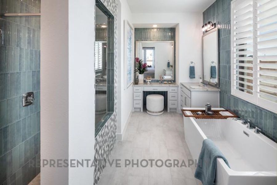Bathroom with a freestanding tub, vanity, and a tile shower Bathroom with a freestanding tub, vanity, and a tile shower