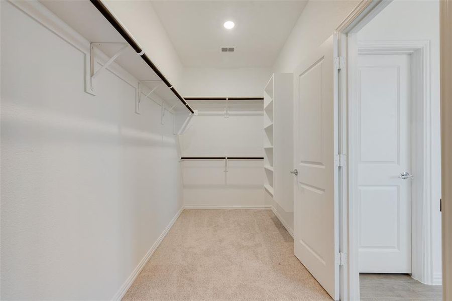 Walk in closet featuring light carpet