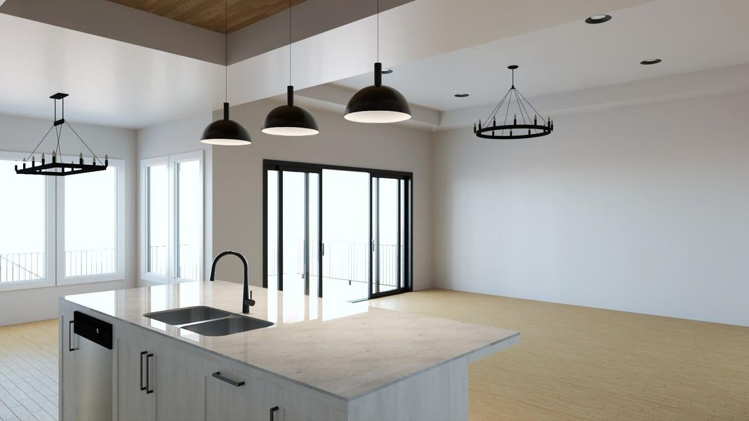 Bright, modern kitchen featuring quartz countertops, pendant lighting, and an open layout with seamless access to dining and living areas—perfect for entertaining! Bright, modern kitchen featuring quartz countertops, pendant lighting, and an open layout with seamless access to dining and living areas—perfect for entertaining!