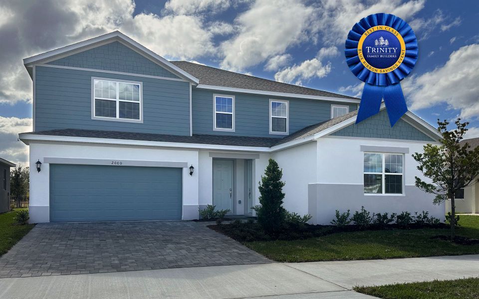 Front exterior of a new home in Trinity Gardens, Deland, FL, highlighting curb appeal (Image 12).