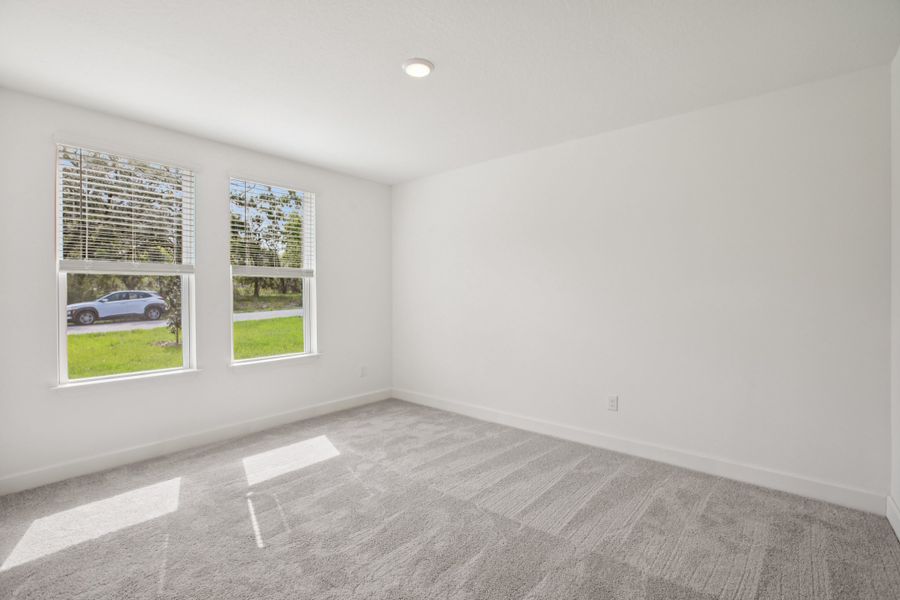 Experience tranquility in this serene Spring Hill room, featuring plush carpeting and expansive forest views.