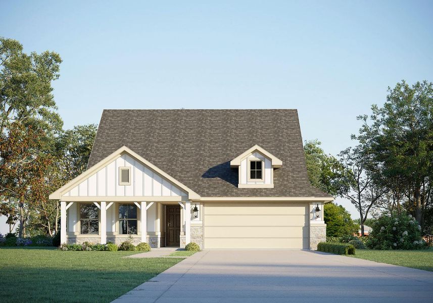 View of front of property featuring stone siding, a front lawn, concrete driveway, and roof with shingles