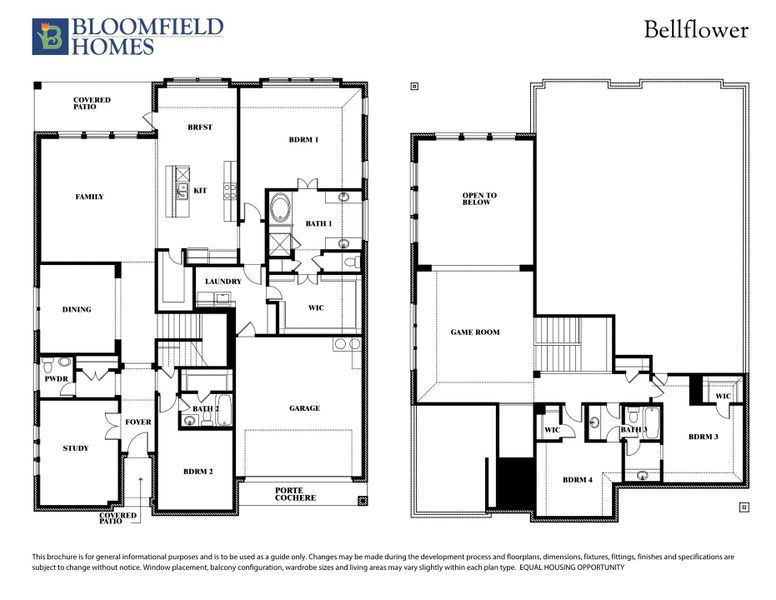 Bloomfield Homes Bellflower floor plan showing two-story layout with four bedrooms, game room, study, and covered patios.