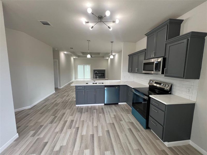 Kitchen with backsplash, sink, light hardwood / wood-style floors, kitchen peninsula, and stainless steel appliances