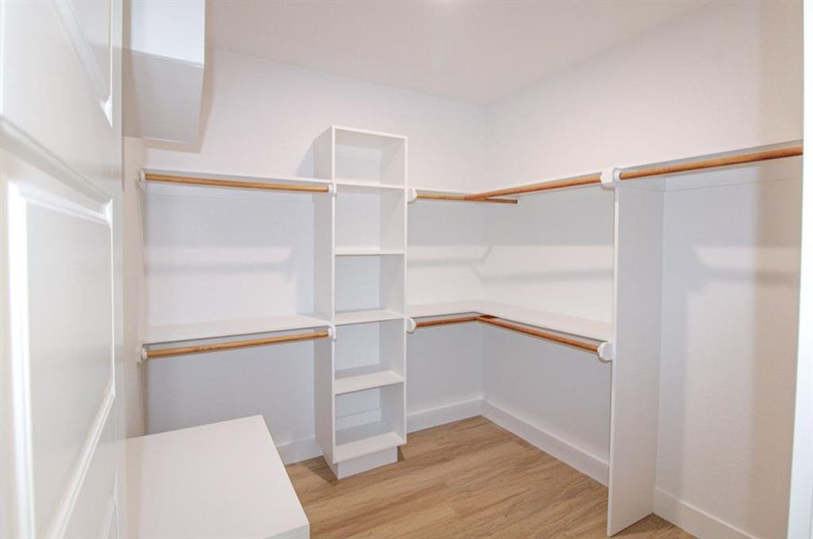 Walk in closet featuring light wood finished floors Walk in closet featuring light wood finished floors