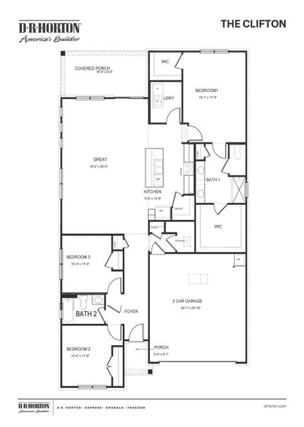 2D floor plan layout for the CLIFTON by D.R. Horton in Riverwood Gardens, Oakland, TN (Image 2).