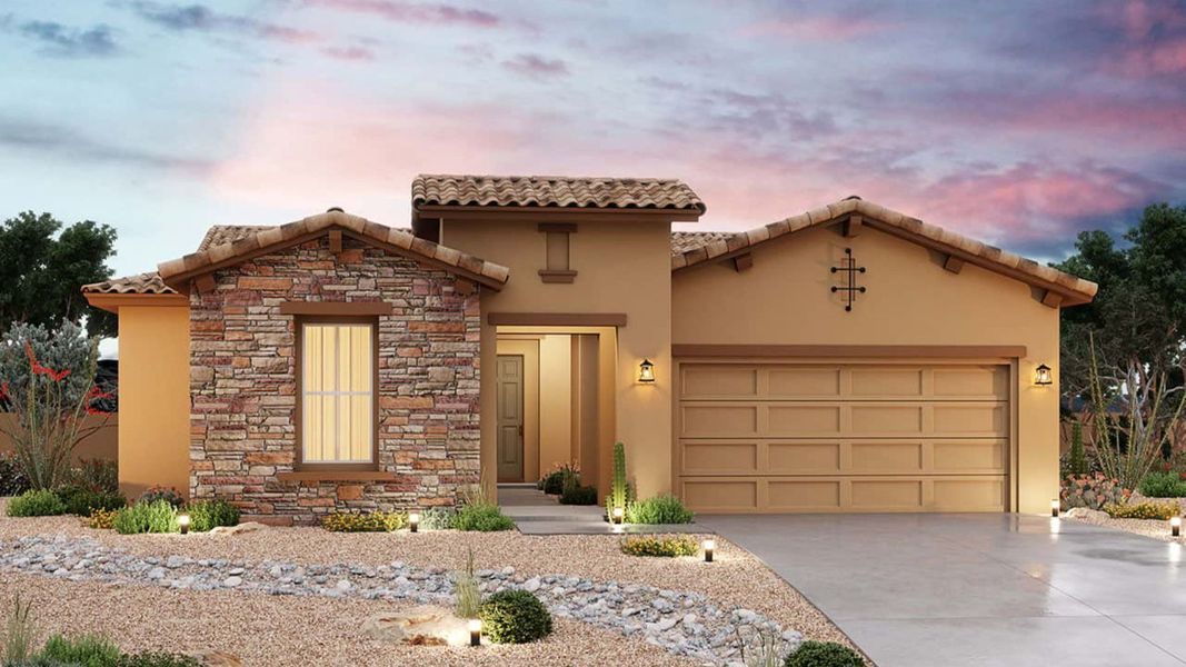 Representative exterior photo of a completed home built from the Cinnabar by Brightland Homes in Canyon Views - Hacienda, Litchfield Park, AZ (Image 1). Representative exterior photo of a completed home built from the Cinnabar by Brightland Homes in Canyon Views - Hacienda, Litchfield Park, AZ (Image 1).