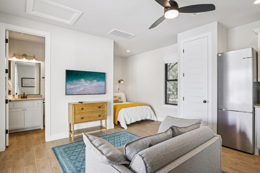 A detached pool casita offers its own living space, kitchenette, and full bath adding convenience and autonomy for guests.