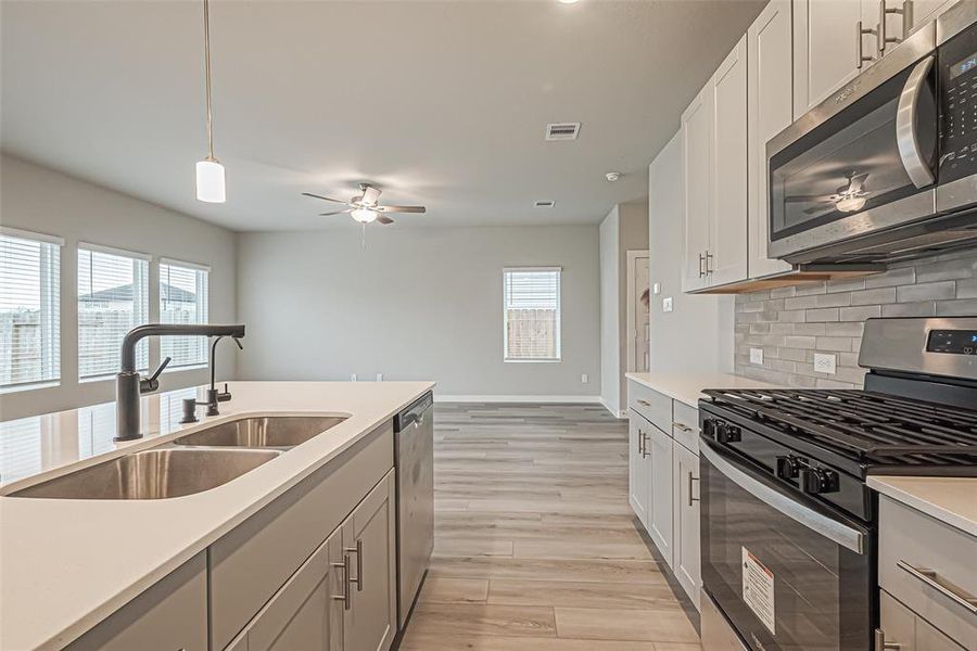 The modern kitchen includes this island with the huge undermount sink and a reverse osmosis water dispenser.