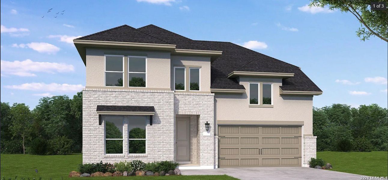 Front exterior of a new home in Mayfair, New Braunfels, TX, highlighting curb appeal (Image 1). Front exterior of a new home in Mayfair, New Braunfels, TX, highlighting curb appeal (Image 1).