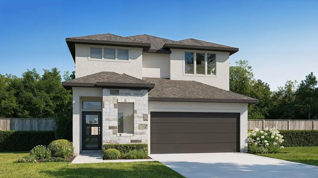 Front exterior of a new home in Easton Park, Austin, TX, highlighting curb appeal (Image 1). Front exterior of a new home in Easton Park, Austin, TX, highlighting curb appeal (Image 1).