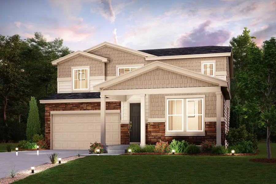 Front exterior of a new home in The Overlook at Johnstown Farms, Johnstown, CO, highlighting curb appeal (Image 1). Front exterior of a new home in The Overlook at Johnstown Farms, Johnstown, CO, highlighting curb appeal (Image 1).