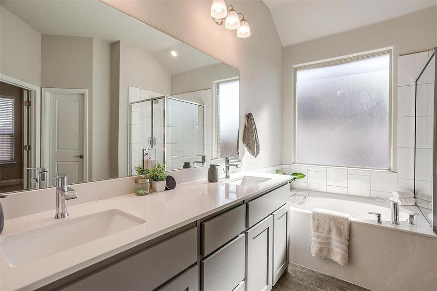 Primary bathroom with garden tub and walk-in shower with seating, dual sink vanity