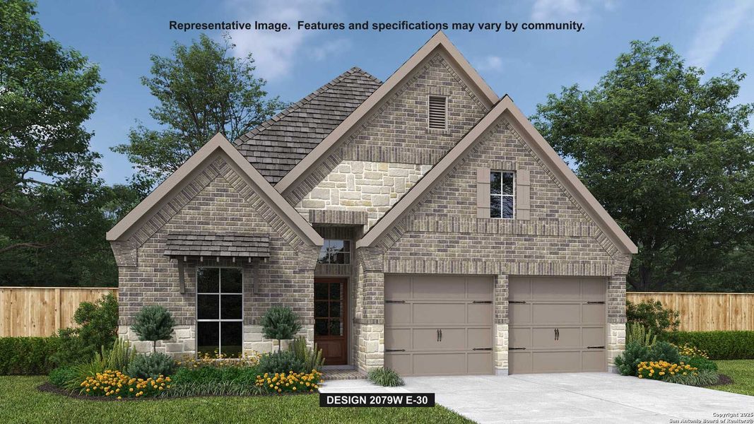 Front exterior of a new home in Arcadia Ridge 45', San Antonio, TX, highlighting curb appeal (Image 1).