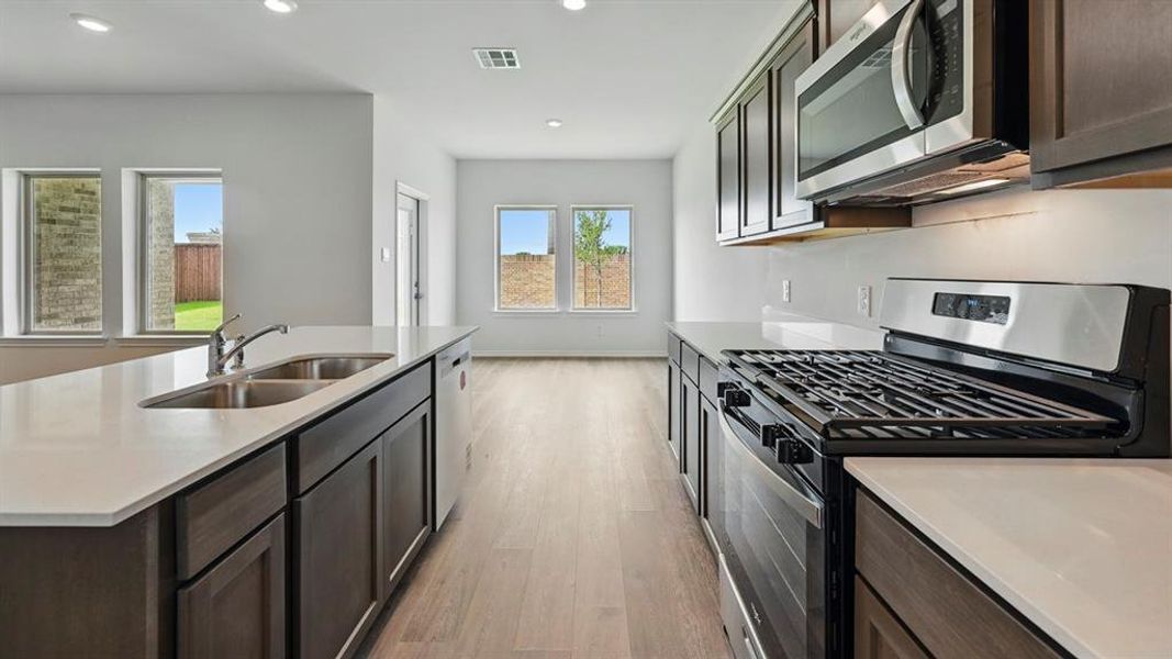 Kitchen featuring appliances with stainless steel finishes, dark brown cabinetry, light wood finished floors, recessed lighting, and an island with sink