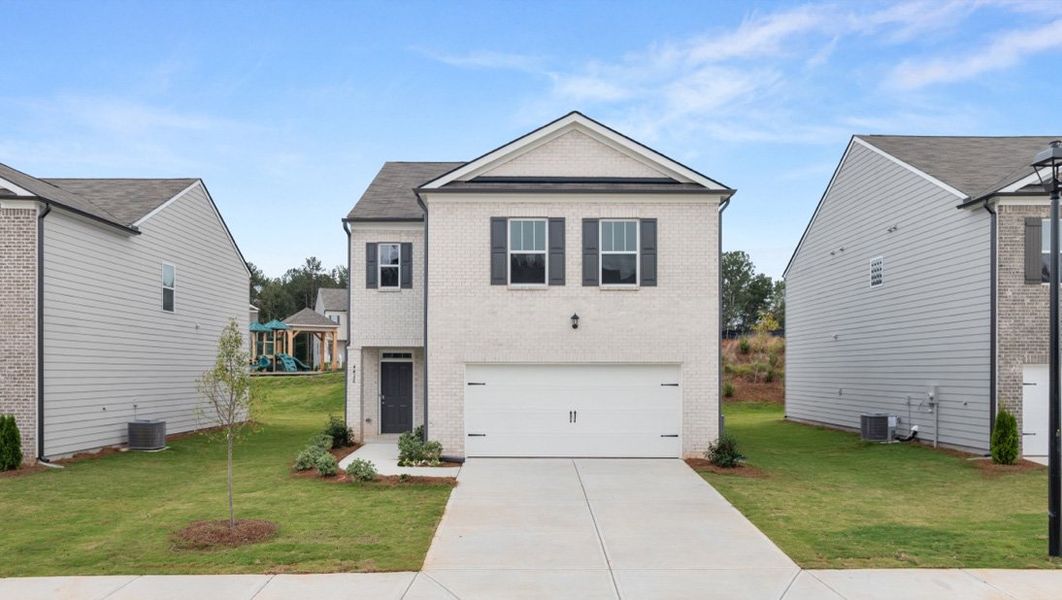 Representative exterior photo of a completed home built from the Elston by D.R. Horton in Pointe Park, Union City, GA (Image 1). Representative exterior photo of a completed home built from the Elston by D.R. Horton in Pointe Park, Union City, GA (Image 1).