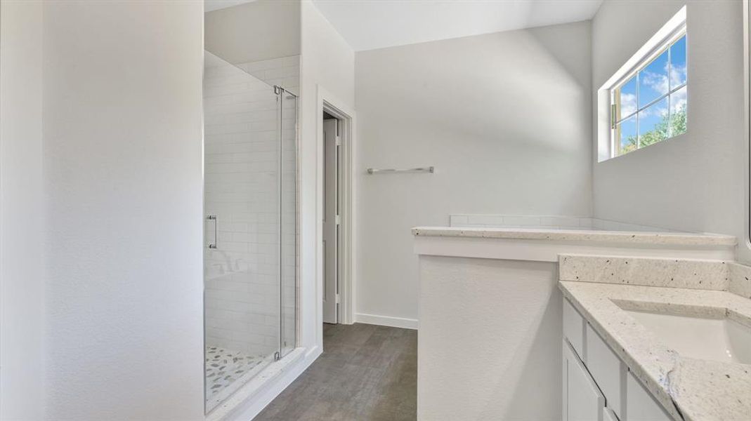 Bathroom with vanity, hardwood / wood-style flooring, and a shower with shower door