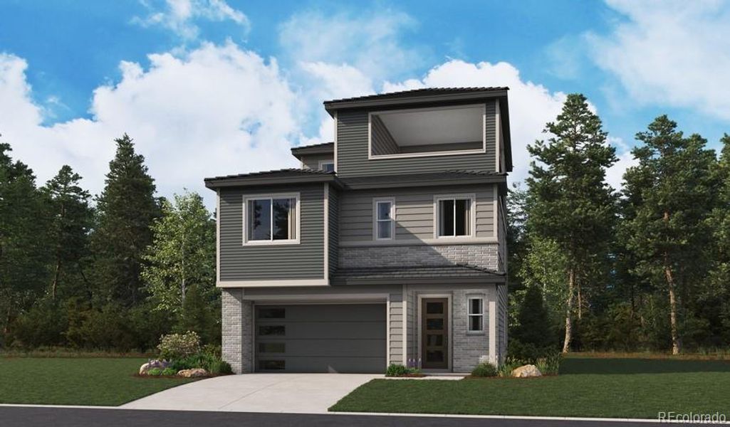 Front exterior of a new home in The Summit at Meridian, Englewood, CO, highlighting curb appeal (Image 1). Front exterior of a new home in The Summit at Meridian, Englewood, CO, highlighting curb appeal (Image 1).