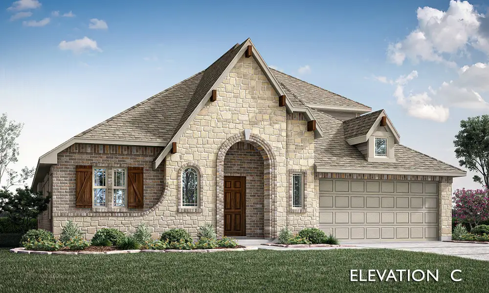 Single-story home with stone and brick exterior, arched entry, wood shutters, and two-car garage, Elevation C