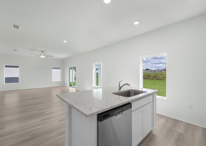 The kitchen over looks the family room