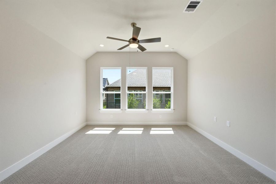 Spacious primary bedroom with sloped ceiling and abundant natural light