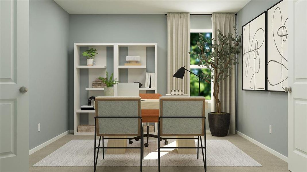 Dining space featuring light carpet and an office area
