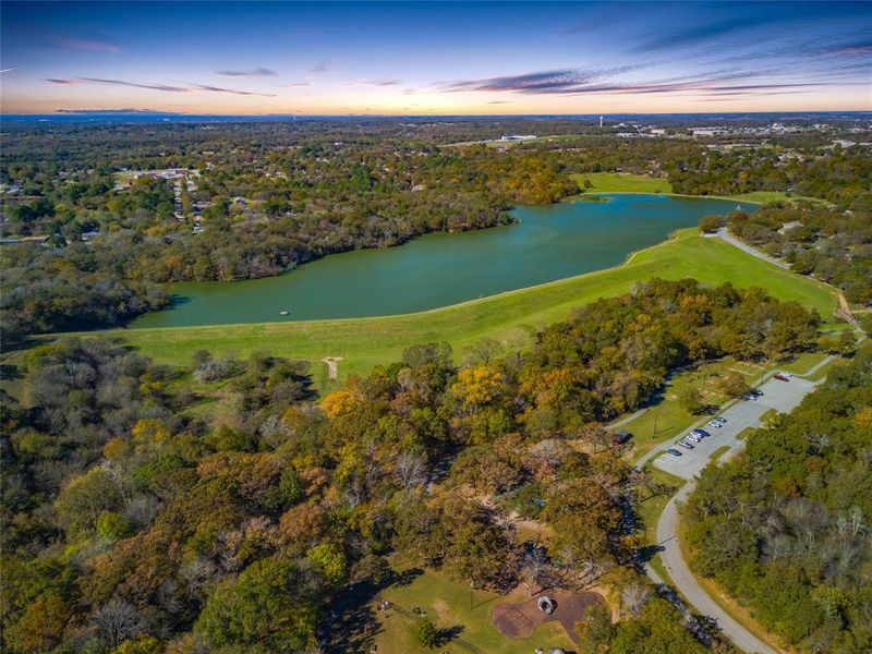 Aerial view of Waterloo Lake, Walking Trails, The BackYard area