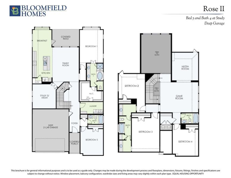 Bloomfield Homes Rose II floor plan showing 5 bedrooms, 4 bathrooms, game room, and deep two-car garage across two floors. Bloomfield Homes Rose II floor plan showing 5 bedrooms, 4 bathrooms, game room, and deep two-car garage across two floors.