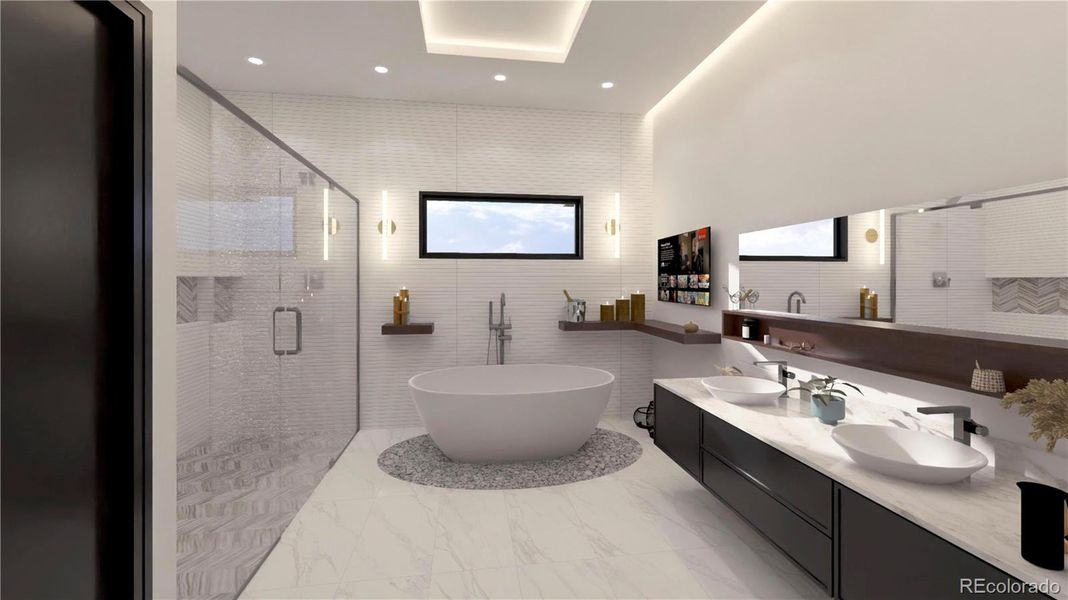 Primary bathroom with soaking tub and walk in shower