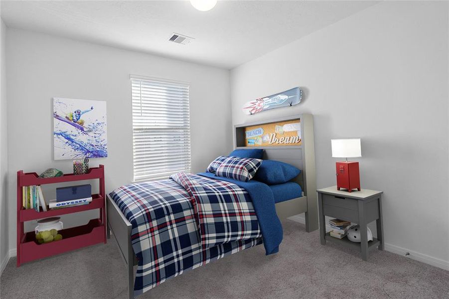 Secondary bedroom features plush carpet, neutral paint, lighting, large window with privacy blinds and ample sized closet space.