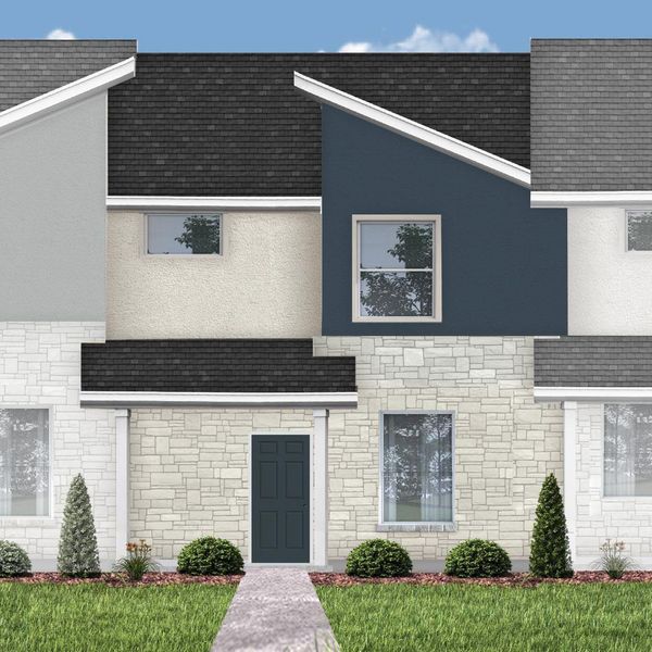 Front exterior of a new home in Municipal Drive Townhomes, Leander, TX, highlighting curb appeal (Image 1).