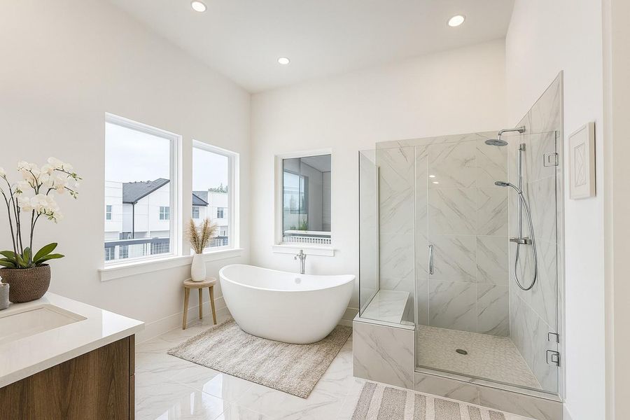 Gorgeous Bathroom - highlighted with Free Standing Tub and Seated Shower Gorgeous Bathroom - highlighted with Free Standing Tub and Seated Shower