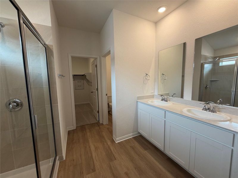Bathroom featuring a walk in closet, a stall shower, double vanity, and  wood-type flooring