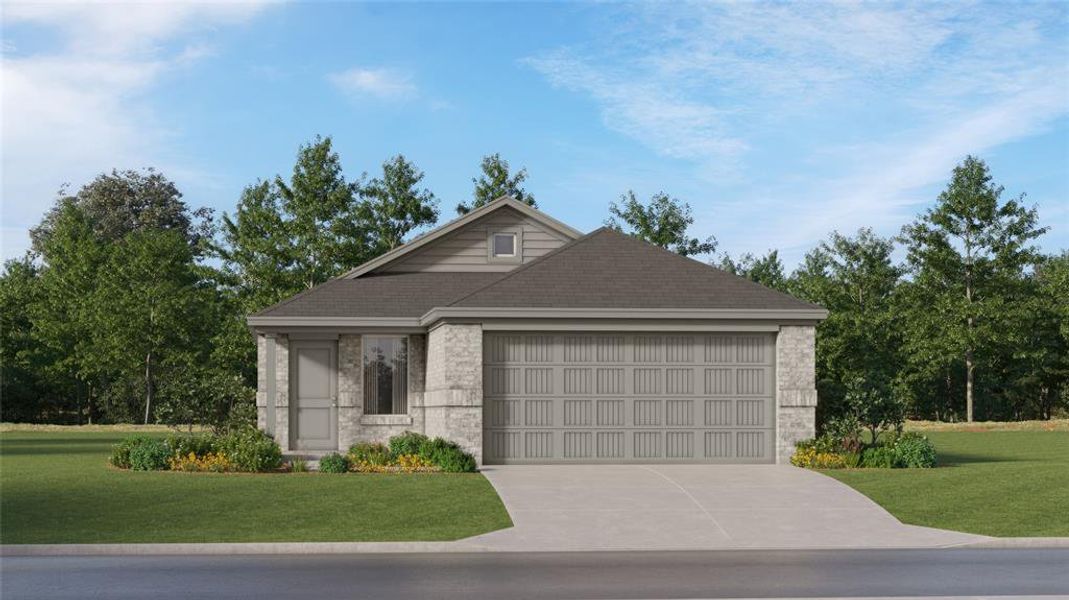 View of front of home with a front yard and a garage