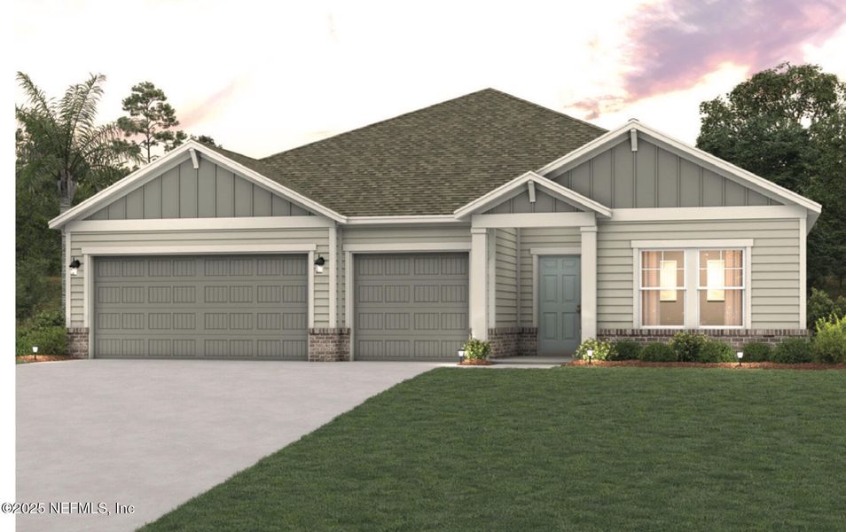 Front exterior of a new home in The Cypress Series at Reserve East, Flagler Beach, FL, highlighting curb appeal (Image 22).