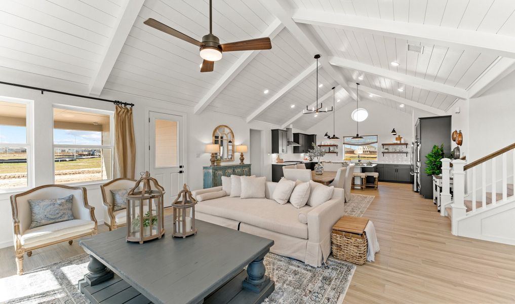 Vaulted ceiling with white painted ceiling beams and shiplap Vaulted ceiling with white painted ceiling beams and shiplap