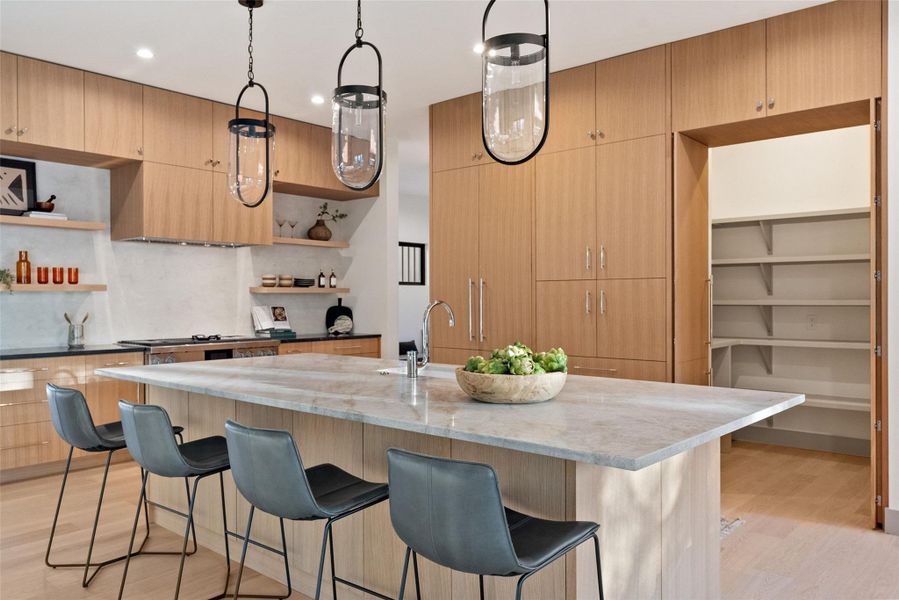 White cabinets and quartzite countertops throughout kitchen.