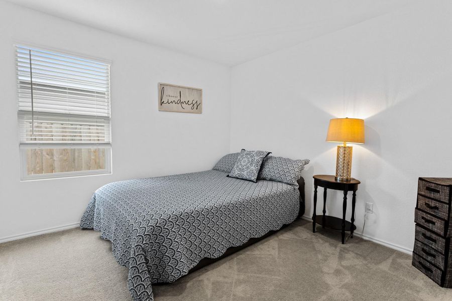 Carpeted room with a single window featuring horizontal blinds