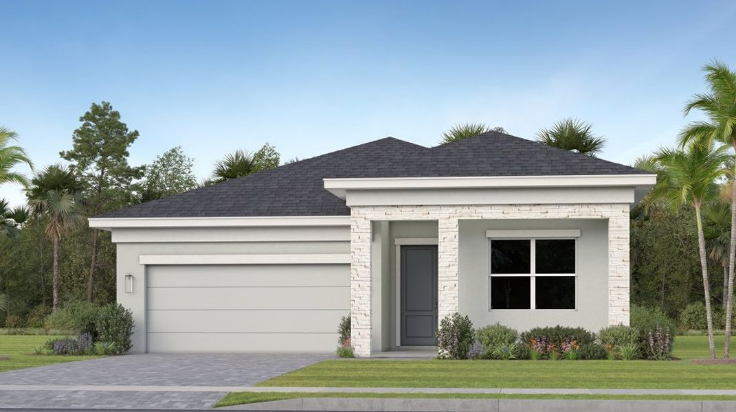 Front exterior of a new home in Glynlea Country Club: The Pinehurst Collection, Port St. Lucie, FL, highlighting curb appeal (Image 1).