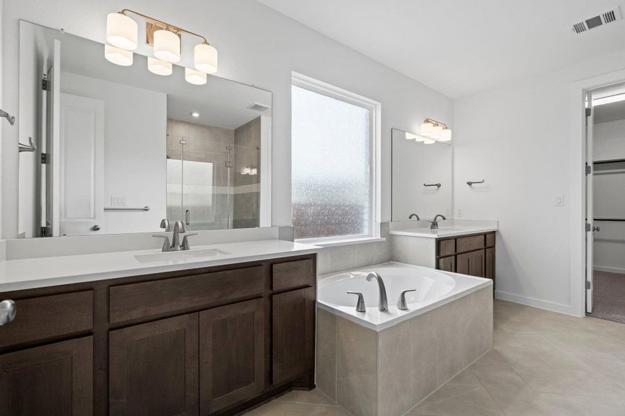 Primary Bath retreat with dual vanities & garden tub