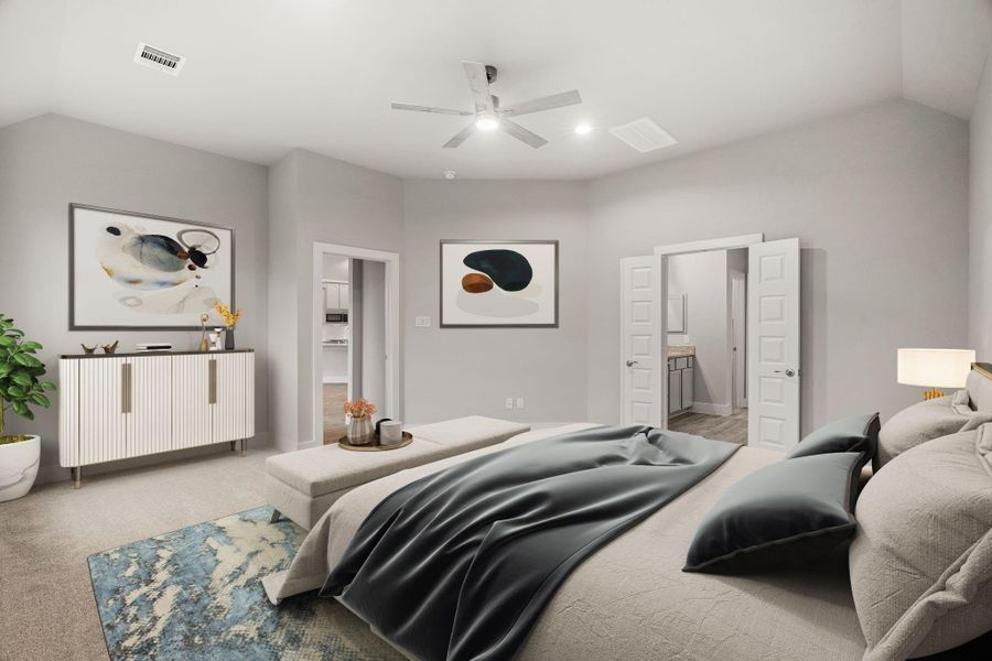 Escape to tranquility in this spacious primary room, adorned with plush carpeting and bathed in the soothing hues of warm paint colors, creating a cozy retreat for relaxation. Sample photo of completed home with similar floor plan. Actual colors and selections may vary. Escape to tranquility in this spacious primary room, adorned with plush carpeting and bathed in the soothing hues of warm paint colors, creating a cozy retreat for relaxation. Sample photo of completed home with similar floor plan. Actual colors and selections may vary.