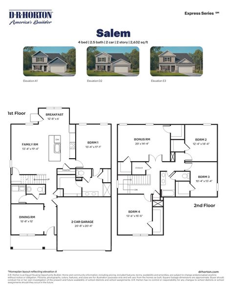 2D floor plan layout for the SALEM - Express by D.R. Horton in Bynum Farms, Farmville, NC (Image 3).